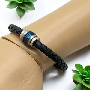 Mens Braided Bracelet Black Leather With Silver Tone & Blue Accents Unique & Co